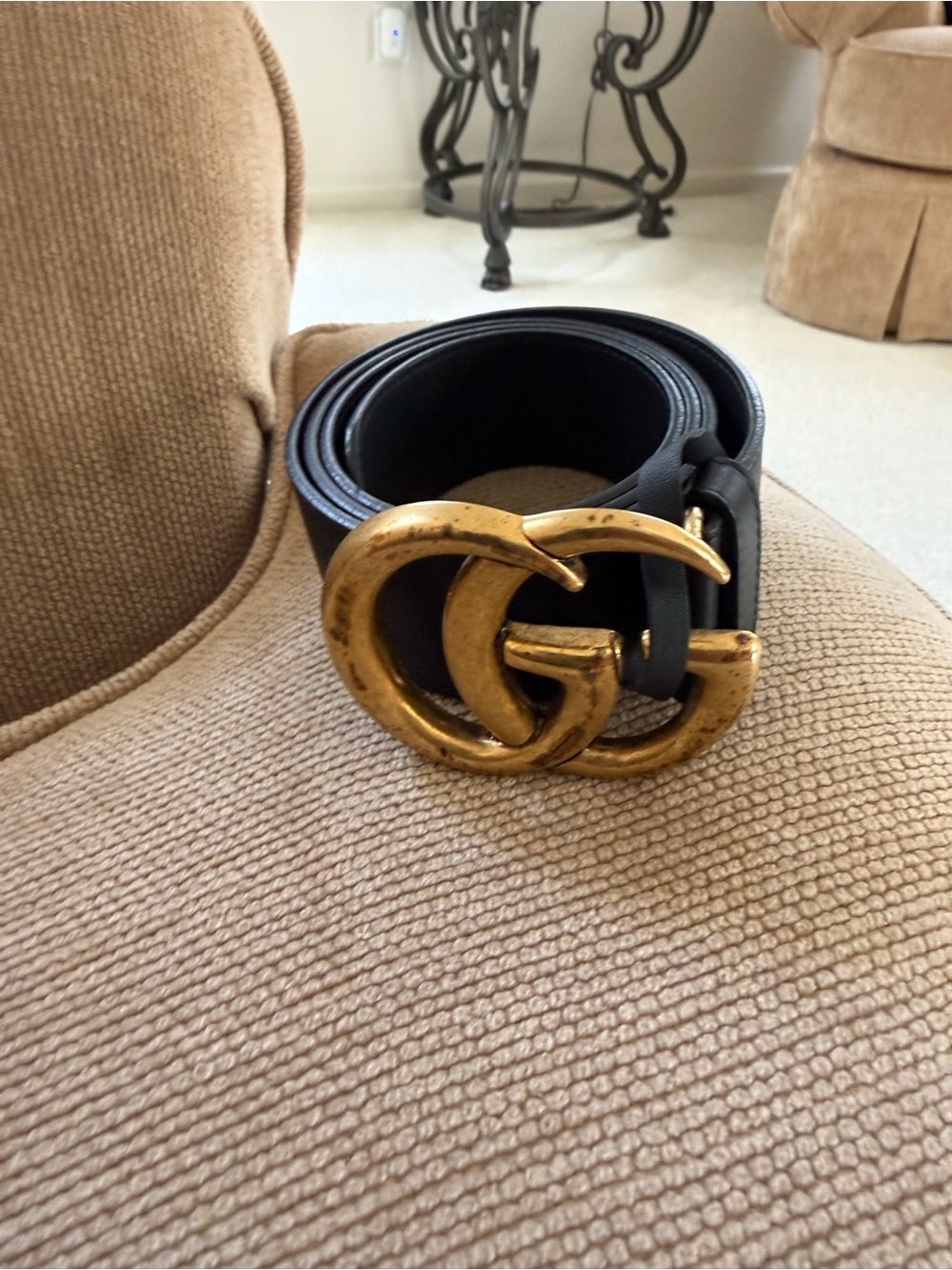 Gucci Black Leather Belt with Antique Gold Double-G Buckle